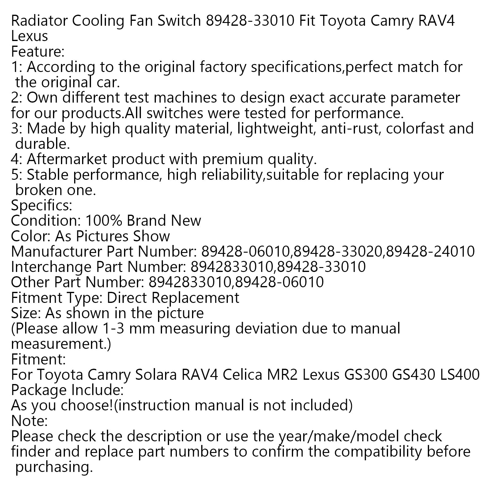 Interrupteur de ventilateur de refroidissement de radiateur 89428 – 33010, compatible avec Toyota Camry RAV4 Lexus générique